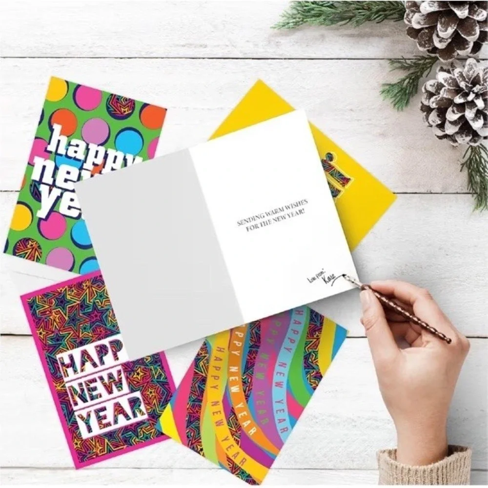 Happy New Year Cards Boxed Set 16 with Envelopes, Gold Seal Stickers 6.75